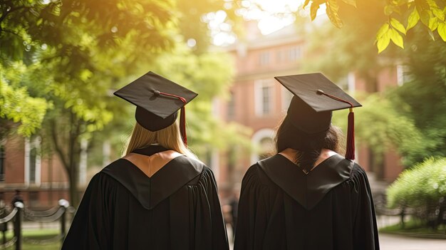 Foto dos graduadas con gorra y bata se alejan de la cámara en un día soleado