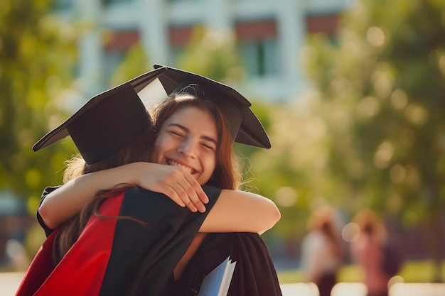 Foto dos graduados se abrazan fuertemente radiando alegría y logro mientras celebran su éxito académico