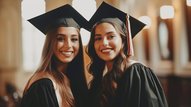 Dos graduados con togas y birretes de graduación se paran en un pasillo.