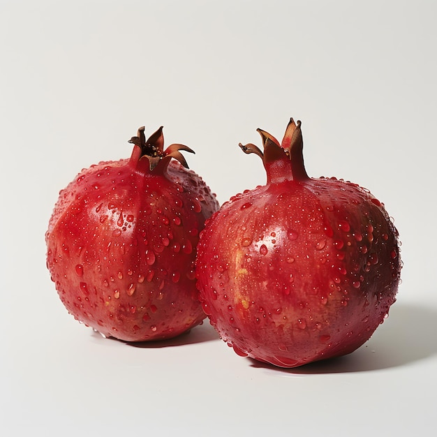 Dos granadas con agua caen una fruta nutritiva sobre un fondo blanco