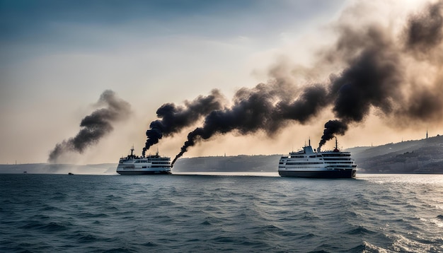 dos grandes barcos están flotando en el agua y uno tiene un humo negro saliendo de él