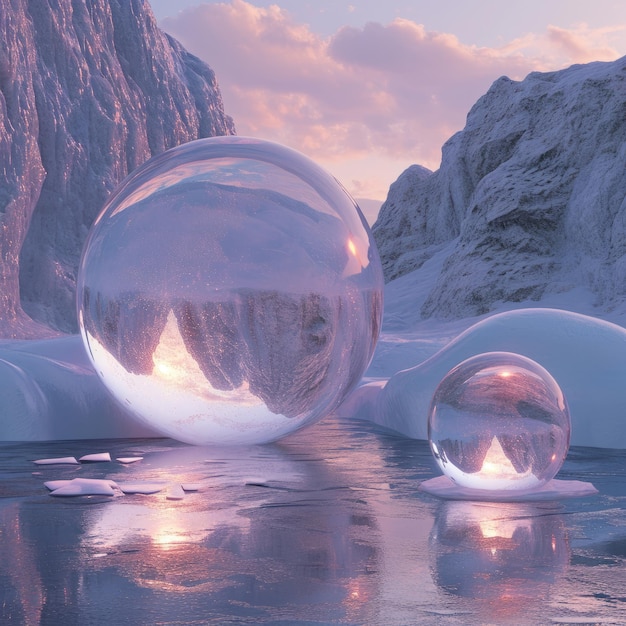 Foto dos grandes bolas de vidrio en un río congelado