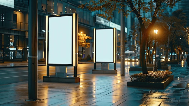 Dos grandes carteles blancos están iluminados en la lluvia