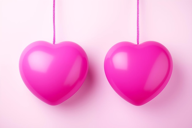 Dos grandes corazones rosados en cuerdas tarjeta del día de San Valentín