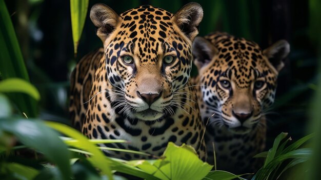 Dos grandes leopardos caminan con gracia a través de un vibrante bosque verde