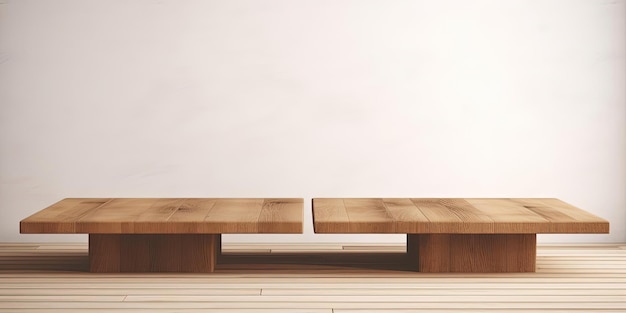 dos grandes mesas de madera acostadas en una superficie blanca en el estilo de fondo minimalista
