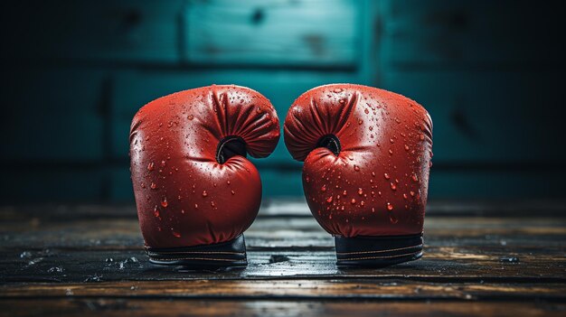 dos guantes de boxeo en una mesa de madera