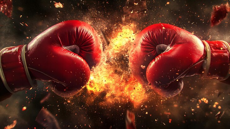 Dos guantes de boxeo rojos chocan con fuerza explosiva