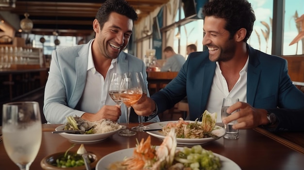 Foto dos guapos amigos de 40 años en un restaurante