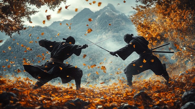 Dos guerreros participan en un feroz duelo entre las hojas de otoño en un paisaje montañoso