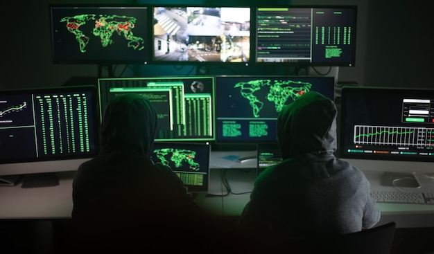 Dos hackers que usan portátiles y computadoras para organizar un ataque de malware a escala global