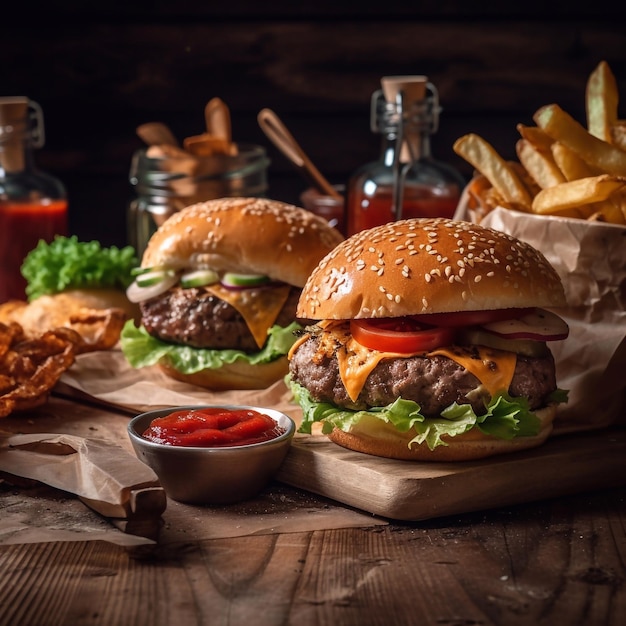 Dos hamburguesas con una bolsa de patatas fritas sobre una mesa.