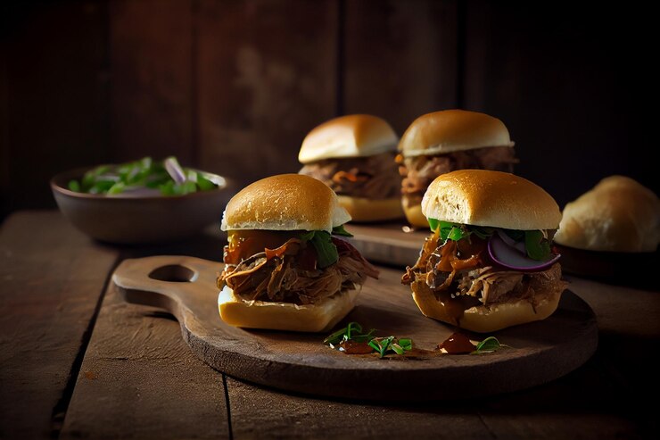 Dos hamburguesas en una mesa de madera Fondo oscuro generativo ai