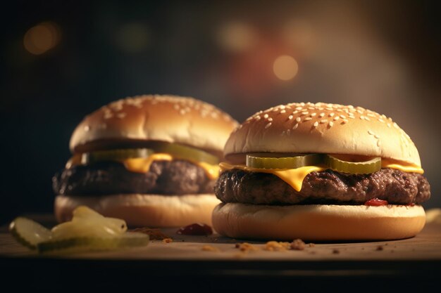 Dos hamburguesas con pepinillos en una mesa