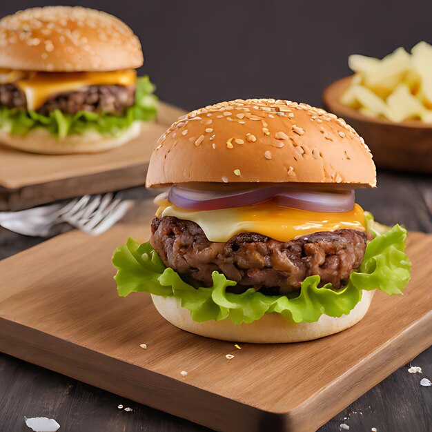 dos hamburguesas con queso y lechuga en una tabla de madera