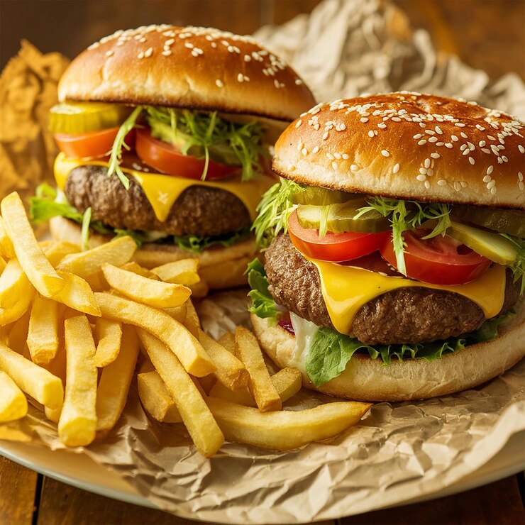 dos hamburguesas con queso y tomates en un plato