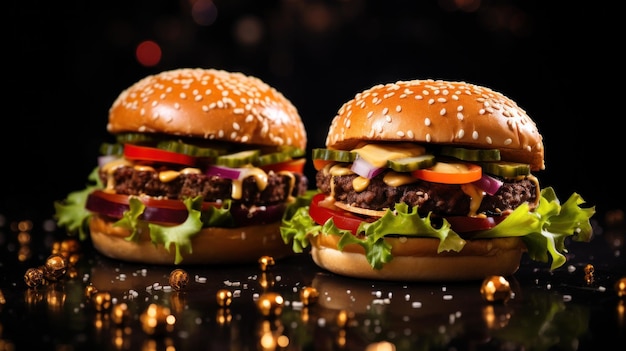Dos hamburguesas sobre un fondo oscuro
