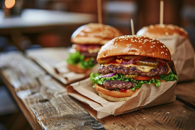 Dos hamburguesas sobre mesa de madera