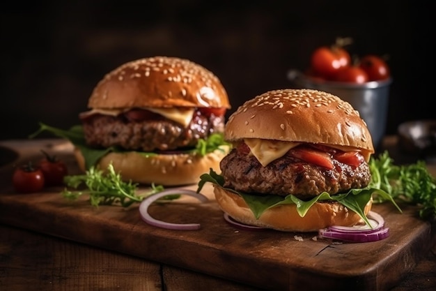 Dos hamburguesas en una tabla para cortar con tomate al lado