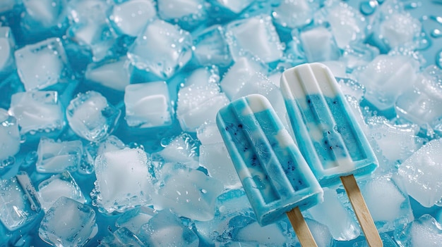 dos helados azules y blancos en el hielo cubos de hielo de fondo congelados