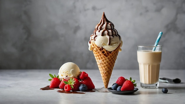 Foto dos helados con dos cubiertas en un cono de waffle publicidad fotografía de comida delicioso