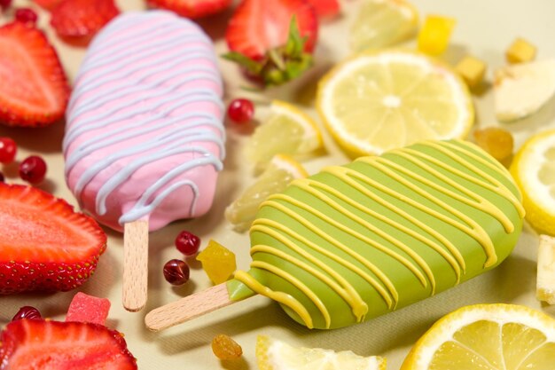 Foto dos helados en palitos de fresa y limón sobre un fondo beige