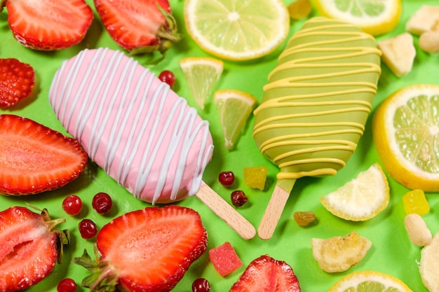 Dos helados en palitos de fresa y limón