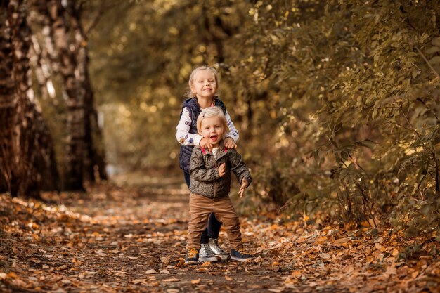 dos hermanas niñas caminan en el bosque de otoño