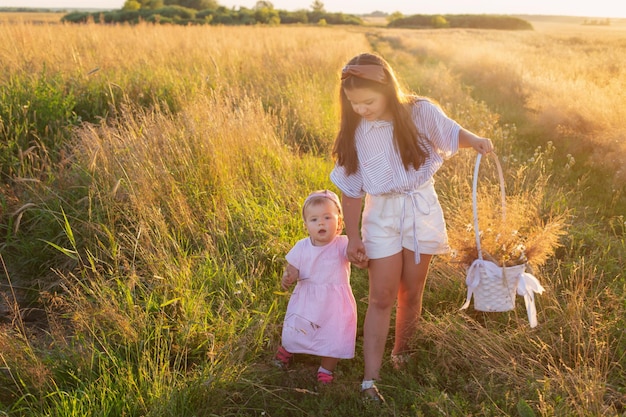 Dos hermanitas en el campo de verano al atardecer