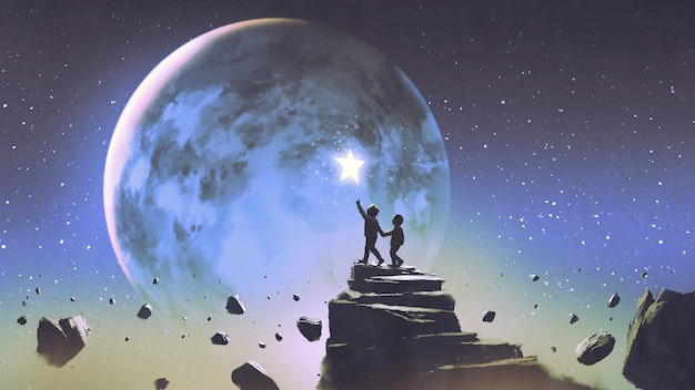 dos hermanos caminando en una montaña flotante y mirando una pequeña estrella en el hermoso cielo, estilo de arte digital, pintura de ilustración