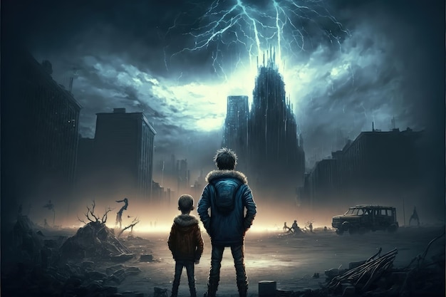 Dos hermanos desafiando una ciudad postapocalíptica luchando a través de una tormenta de ceniza Concepto de fantasía