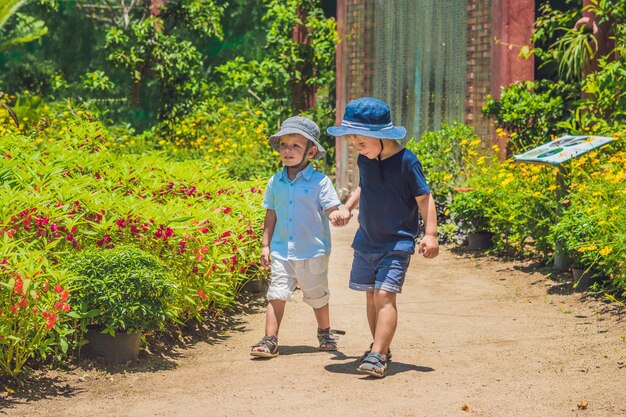 Dos hermanos felices corriendo juntos en un camino del parque en un parque tropical.