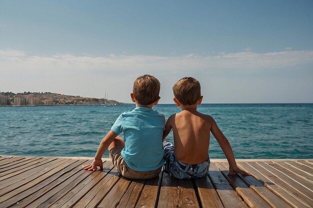 Dos hermanos sentados en un balneario turco en un muelle frente al mar Mediterráneo