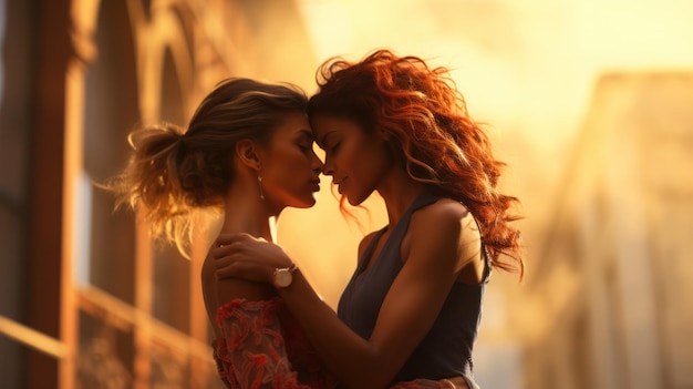 Dos hermosas chicas besándose en un fondo vibrante Relaciones LGBT Vibraciones otoñales