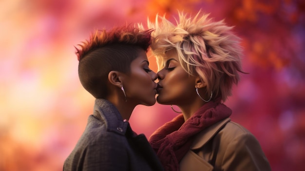 Dos hermosas chicas besándose en un fondo vibrante relaciones LGBT