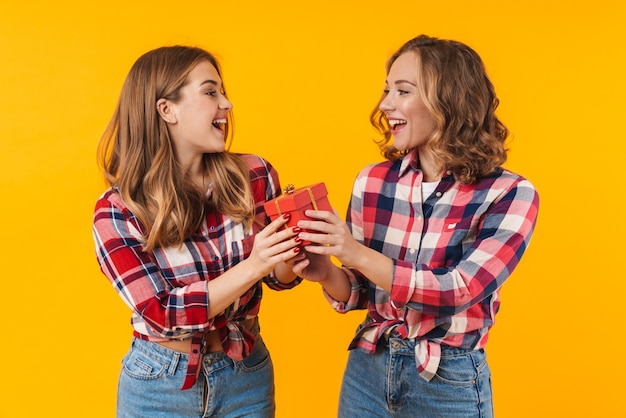 Dos hermosas chicas jóvenes vistiendo camisetas a cuadros sonriendo y sosteniendo una caja de regalo aislada sobre pared amarilla