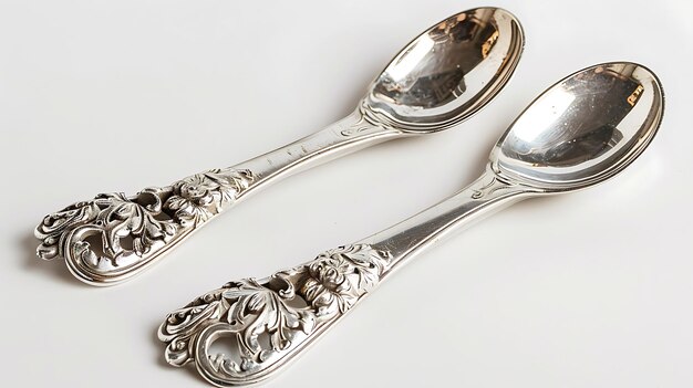 Dos hermosas cucharas de plata antiguas con un ornamentado diseño floral