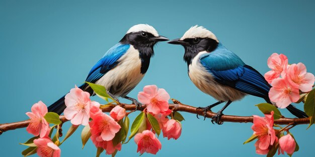 Dos hermosas gaviotas con plumas azules y picos rojos posadas en una rama de flor