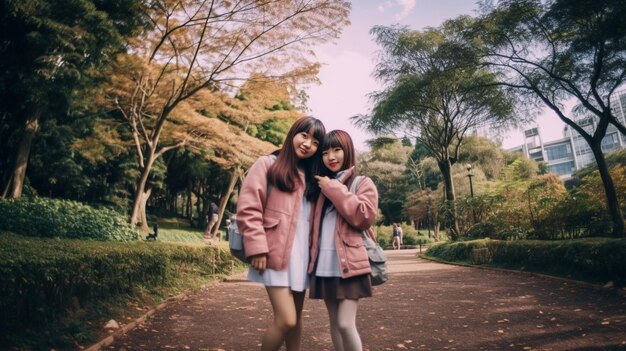 Dos hermosas hermanas jóvenes en vestidos de otoño chaqueta de cuero y suéter rojo posando en la IA generativa