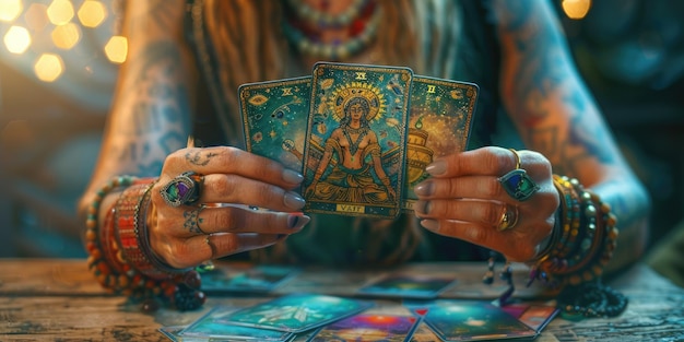 Dos hermosas manos femeninas sosteniendo una carta del tarot en primer plano Generativo Ai