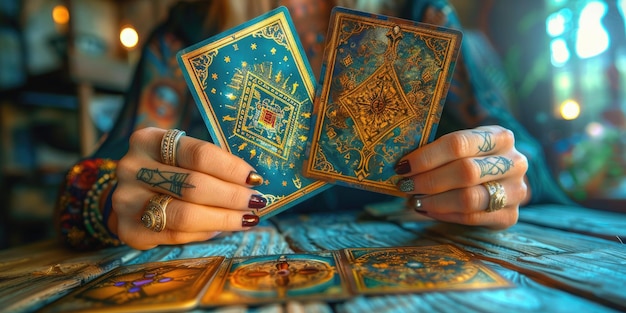 Dos hermosas manos femeninas sosteniendo una carta del tarot en primer plano Generativo Ai