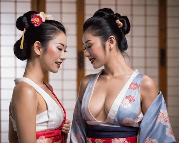 Dos hermosas mujeres asiáticas en kimono.