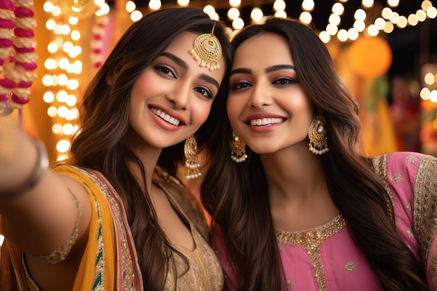 Dos hermosas mujeres indias selfie mientras usan ropa celebración del festival Diwali IA generativa