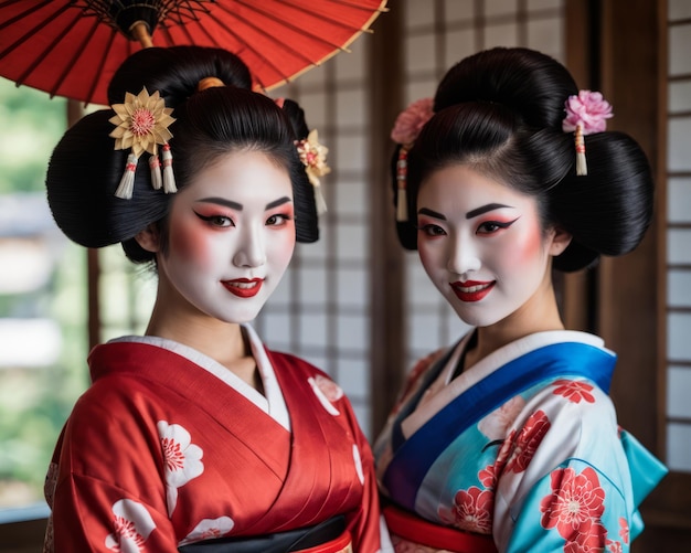 Dos hermosas mujeres japonesas en kimono tradicional