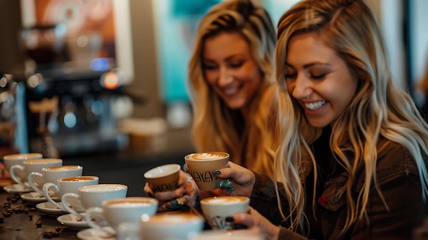 Foto dos hermosas mujeres jóvenes están sentadas en una cafetería disfrutando de una taza de café