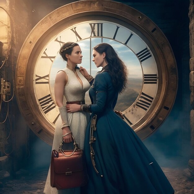 Dos hermosas mujeres jóvenes en vestidos de noche posando junto al viejo reloj