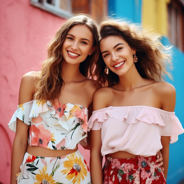 Dos hermosas mujeres morenas sonrientes en ropa de verano de moda