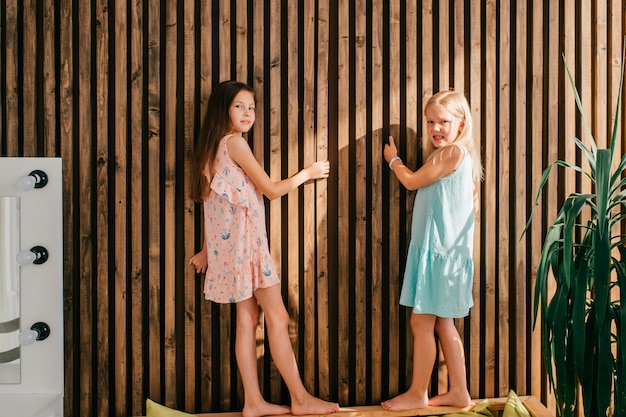 Dos hermosas niñas posando sobre pared de madera