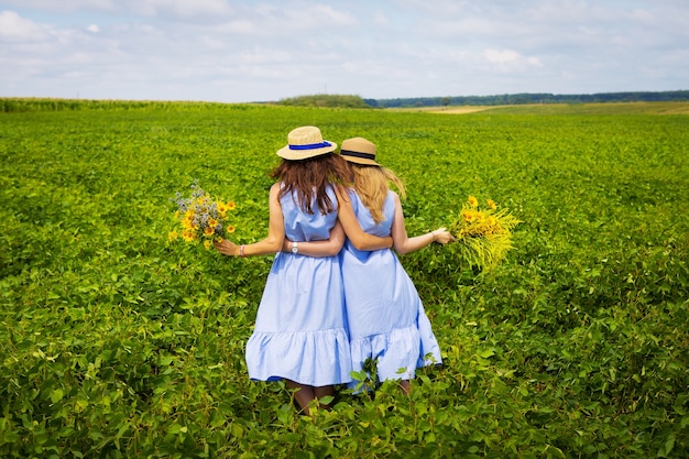 Dos hermosas novias con sombreros abrazándose en campo verde.