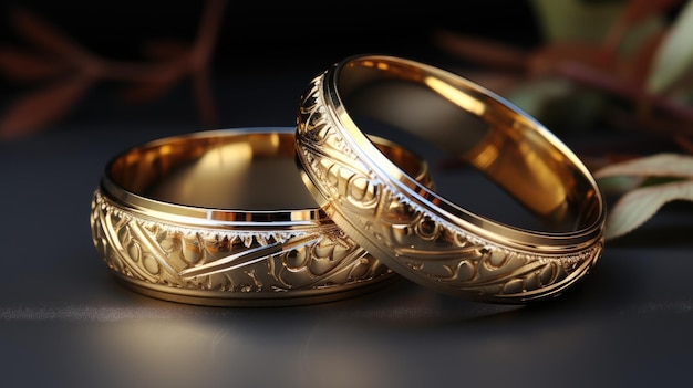 Dos hermosos anillos de boda de oro de lujo con patrones tema romántico joyería elegante y elegante